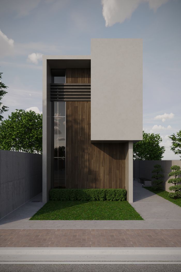 Home Sleek minimalist modern house exterior with wooden paneling and lush greenery.